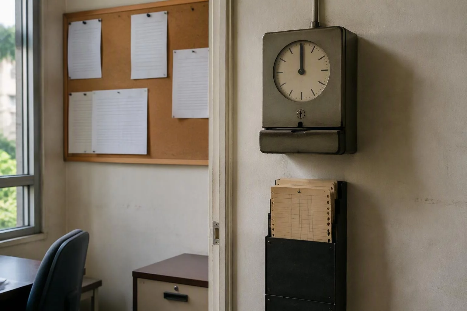Relógio de ponto antigo na parede ao lado do quadro de avisos