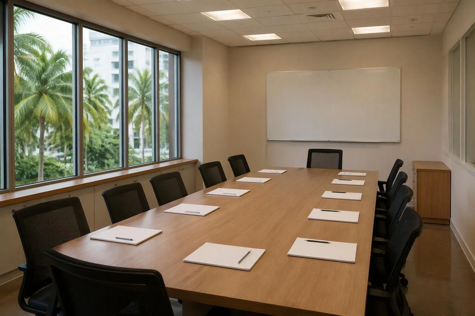 Cadeiras em volta da mesa comprida da sala de auditoria