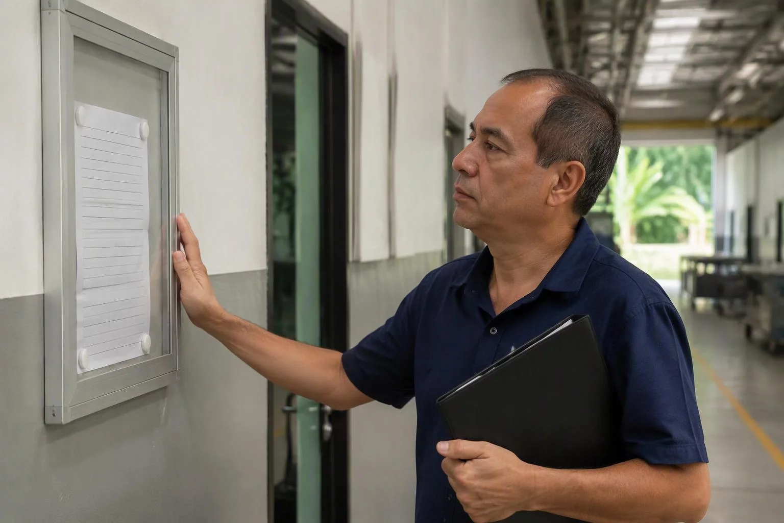 Encarregado de qualidade conferindo um procedimento afixado no corredor da fábrica